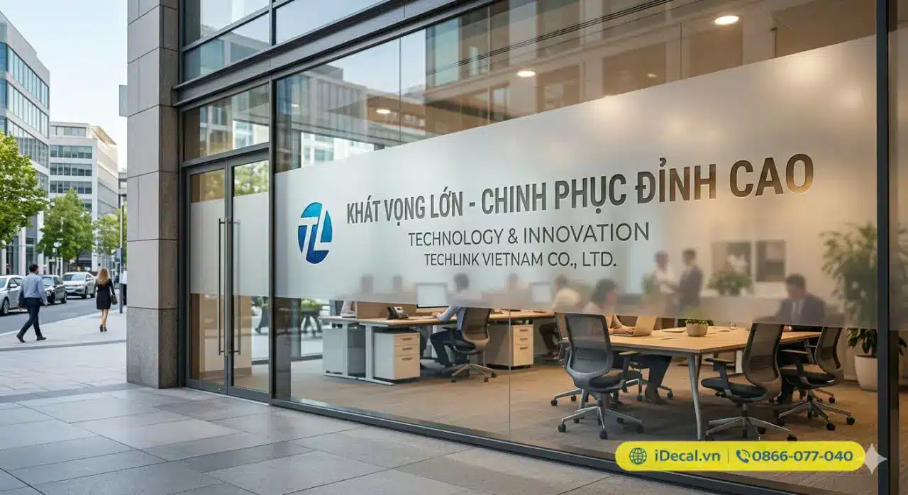 Decal mờ chữ chìm slogan với logo và câu khẩu hiệu được cắt khoét trực tiếp trên nền decal cát mờ, tạo nên sự chuyên nghiệp và khẳng định bản sắc riêng cho không gian văn phòng.